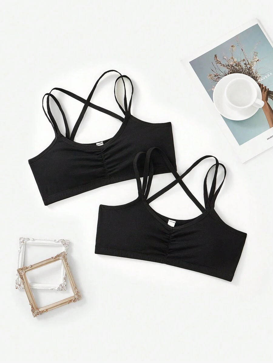 SHEIN 2pcs Teen Girls Minimalist Comfort Ruched Removable Pad Crisscross Strap Racerback Bra Set - Black - View 1