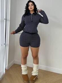 Flirla Ensemble oversize d'un t-shirt tricoté à manches longues avec col polo rayé décontracté et short court taille élastique