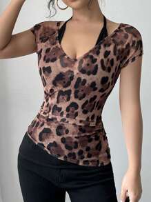 Chiquease V-Neck Leopard Print Ruffle Trim Short Sleeve Casual T-Shirt - Brown - View 3