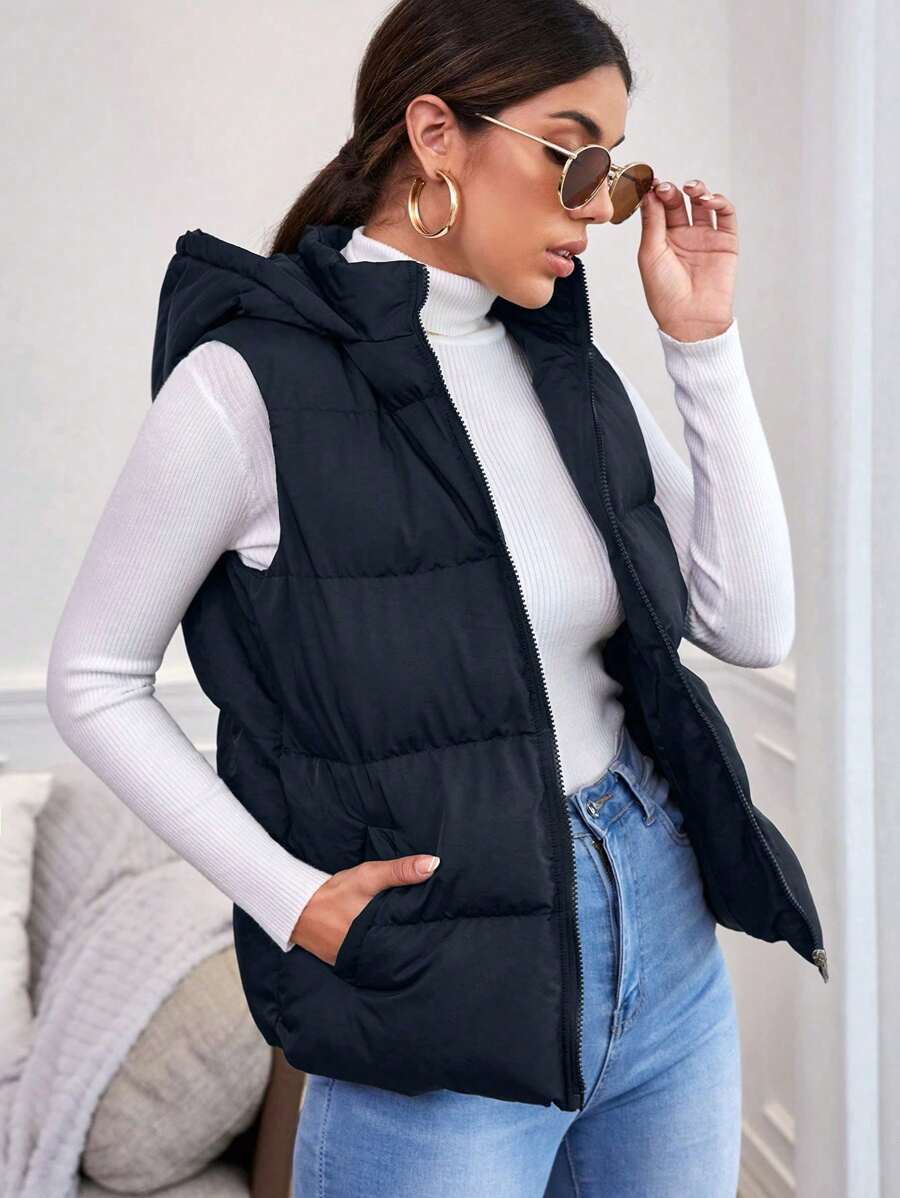 SHEIN Frenchy 秋冬款拉链斜口袋黑色连帽无袖棉服大衣 - 藏蓝色 - 查看 1