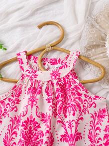 2pcs/Set Pakaian Anak Perempuan Musim Panas Modis Kasual Longgar Vintage Bernapas Atasan Tanpa Lengan Motif Digital + Celana Pendek - Hot Pink - View 9