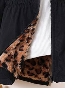 Young Girl Woven Leopard Print Hooded Plush Fitted Waist Jacket,In Fall/Winter - Black - View 5