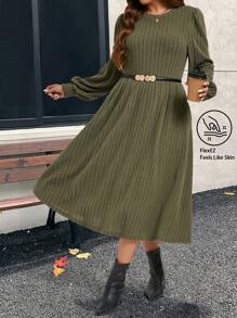 EMERY ROSE Plus Size Casual Solid Color Long Sleeve Knitted Dress, Autumn & Winter Women Dress - Army Green - View 3