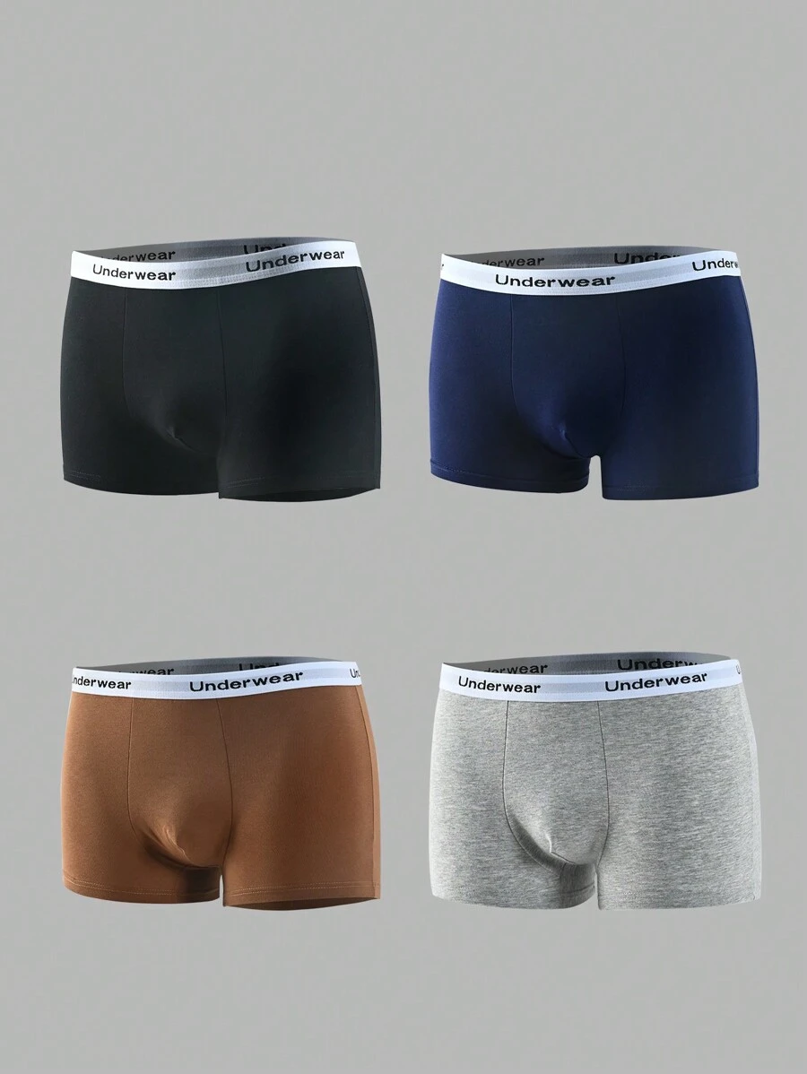 4pcs Boys Kids Simple Fashion English Letter Elastic Waist Solid Color Comfy Boxer Briefs