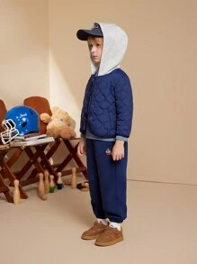 PrepCrw Young Boys Academy Style Navy Blue Knit Hoodie, 2 In 1 Long Sleeve Padded Coat, Back To School Coats - Blue - View 9