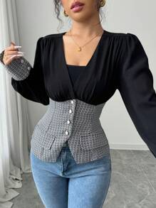 Elenzga Camicia elegante stile pendolare autunnale con vita a quadri - nero - Visualizzare 5