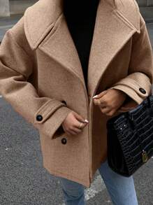 SHEIN LUNE 女士休闲复古双排扣宽松大衣，秋季 - 摩卡棕 - 查看 1