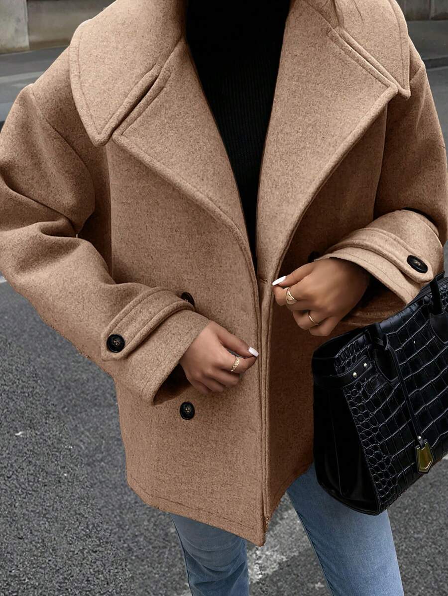 SHEIN LUNE 女士休闲复古双排扣宽松大衣，秋季 - 摩卡棕 - 查看 1