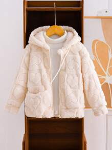 适合秋冬季的年轻女孩心形图案长袖拉链前羊毛连帽休闲夹克 - 米色 - 查看 1