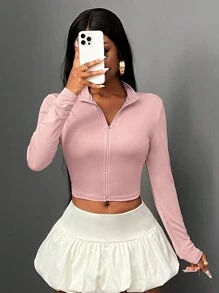 Slaydiva Casual Basic Zip Mock Neck Long Sleeve Tight Stretchy Jacket Top For Women -E In Fall/Winter - Pink - View 3