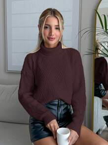 EURMUSE Women Solid Color Diamond Pattern Turtleneck Pullover - Coklat - View 3