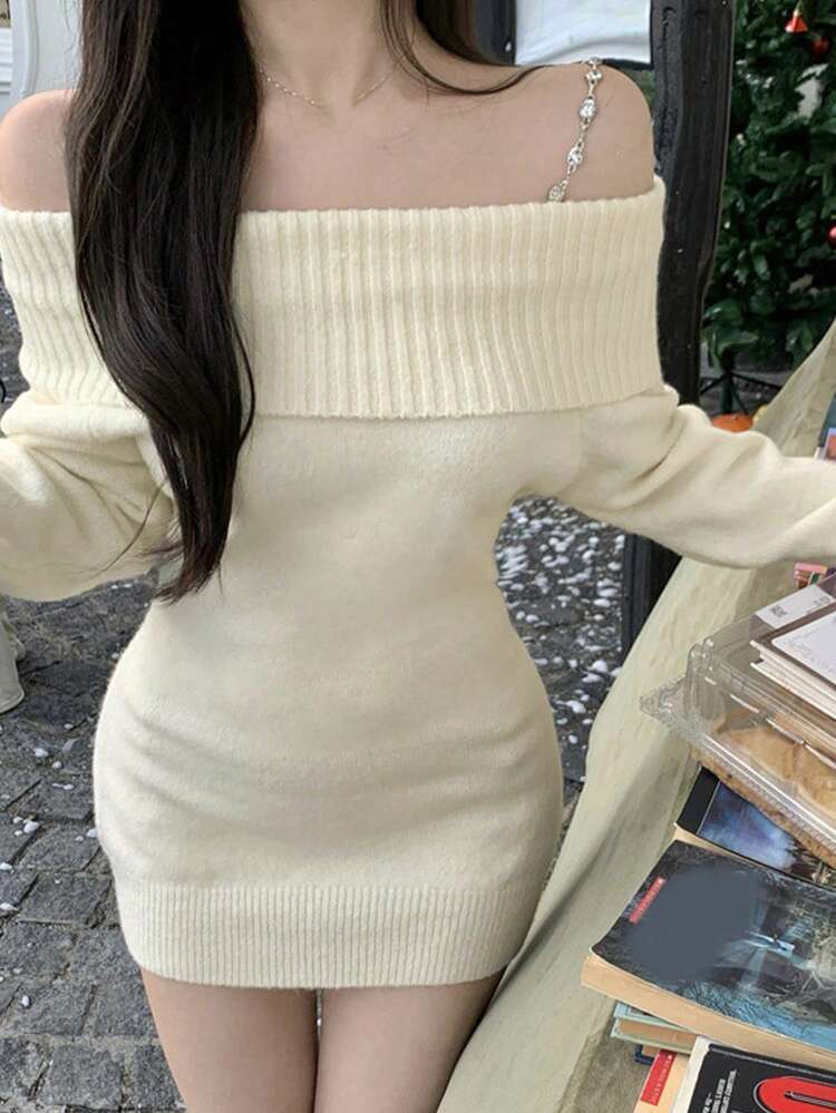 Women's Solid Color Open Shoulder Long Sleeve Elegant Sweater Dress, Autumn/Winter Off Shoulder