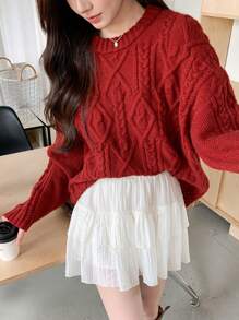 DAZY Women's Solid Color Drop Shoulder Long Sleeve Twist Knit Sweater, Autumn/Winter