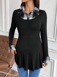SHEIN Áo thun dài tay chữ A cho con bú cổ vá kẻ caro dành cho bà bầu, thường ngày - Nhiều màu - Xem 5