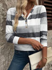 EMERY ROSE Women's Casual V-Neck Button Decor Colorful Striped Long Sleeve T-Shirt Women Tops For Spring - Grey - View 4