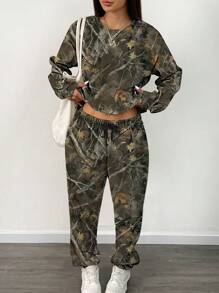 INAWLY 2 件套女士全印花圆领长袖上衣和抽绳腰长裤，休闲装