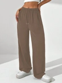 SHEIN Unity Quần dài đơn sắc buộc dây phía trước cho nữ, mặc hàng ngày - gừng - Xem 4