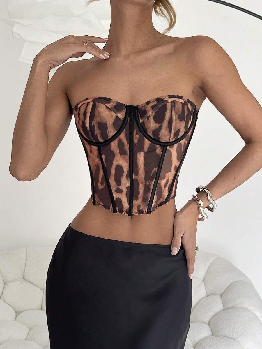 SHEIN Unity 女士豹纹网眼露背吊带上衣 - 棕色 - 查看 1