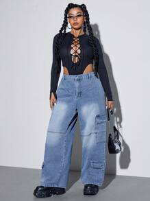 大码休闲洗水宽松直筒牛仔工装裤 - 淺色水洗藍 - 查看 6