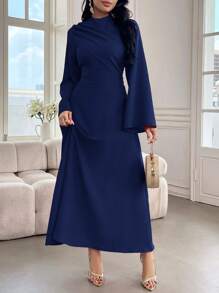 Modelyn 女士纯色立领长袖褶皱长款休闲连衣裙长款晚礼服 - 藍色 - 查看 8