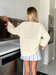EURMUSE Women Hollow Out Ribbon Pattern Lantern Sleeve Chunky Pullover - White - View 3