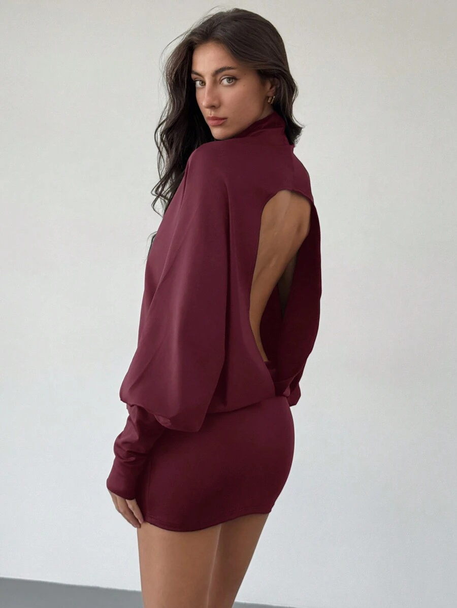 Aloruh 现代音乐节高领蝙蝠袖露背紧身迷你连衣裙