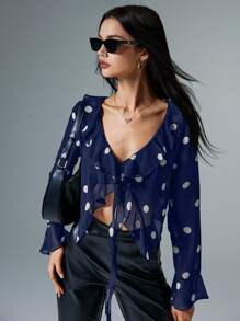 Poéselle 系带圆点雪纺，荷叶边下摆 V 领喇叭长袖衬衫，女装，秋装，优雅，休闲女装，可爱衬衫，衬衫，冬装，纽扣，女装，Y2K - 藏蓝色 - 查看 3