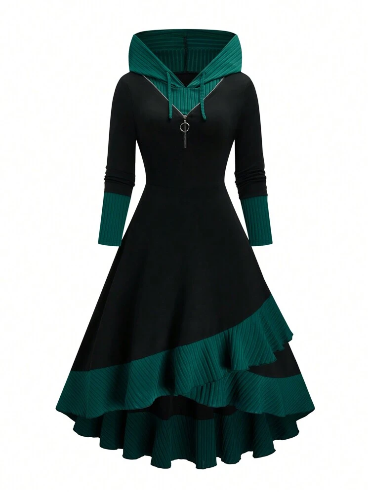 SHEIN LUNE Robe mi-longue casual à capuche simple pour femme, avec fermeture à glissière frontale et patchwork de couleur unie - Multicolore - Voir 1