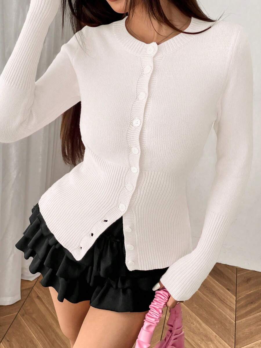 SHEIN Unity 女士休闲时尚纽扣前开衫，百搭秋季 - 白色 - 查看 1