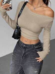 Flirla Minimalist Casual Versatile Women's Asymmetric Neckline Long Sleeve Sweater