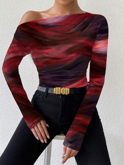 EMERY ROSE Marble Ombre Print Asymmetric Shoulder Ruched Long Sleeve T-Shirt For New Year Women Tops For Spring Fall