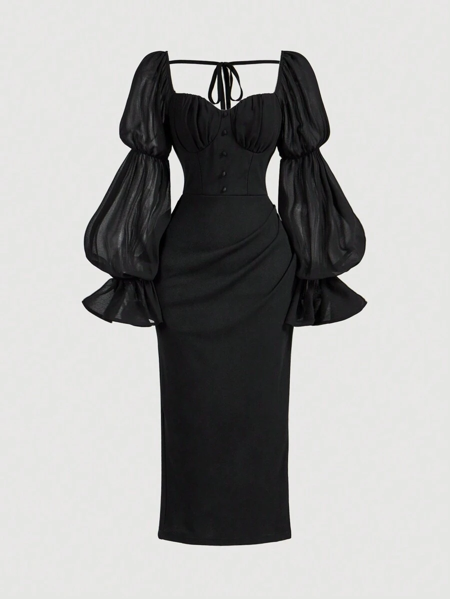 SHEIN MOD 杏色复古浪漫女士长裙、派对礼服、返校节 - 黑色 - 查看 1