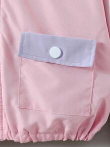SHEIN 秋季女孩休闲日常拉链连帽夹克，带撞色肖像印花 - 粉色 - 查看 8