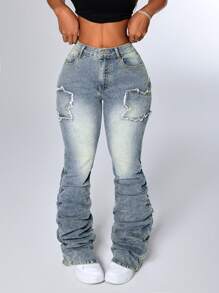 SHEIN ICON Women's Patchwork Fringe Ruffle Flare Fashionable Casual Versatile Stacked Jeans - Blue - View 4