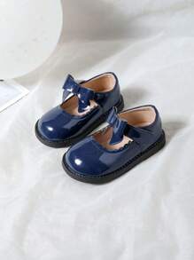 Cute Round Toe Bow Decor Flat Girls Shoes, Suitable For Spring & Autumn - Blue - View 3