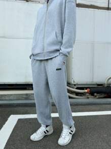 Manfinity VCAY 2 Stück Herren Y2K Kleidung, lustiger Basic Lässig Oversized High Street Vintage Stil grauer Kapuzenpullover & Jogginghose Sport Co-Ords Halloween Kleidung Halloween Ins Stil saubere Passform dick, für Herbst Winter - Grau - Übersicht 3