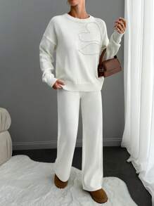 EURMUSE Elegant Crew Neck Drop Shoulder Floral Pattern Pearl Beaded Sweater & Wide Leg Plain Solid Sweater Pants 2 Piece Knit Set - White - View 4