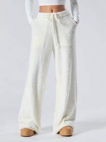 LYSMO Solid Color Front Tie Pocket Warm Coral Fleece Lounge Pants - White - View 1