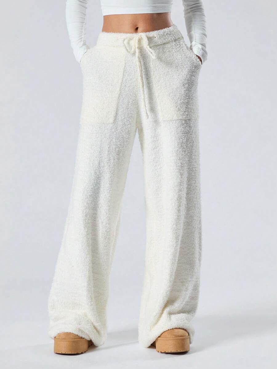 LYSMO Solid Color Front Tie Pocket Warm Coral Fleece Lounge Pants - White - View 1