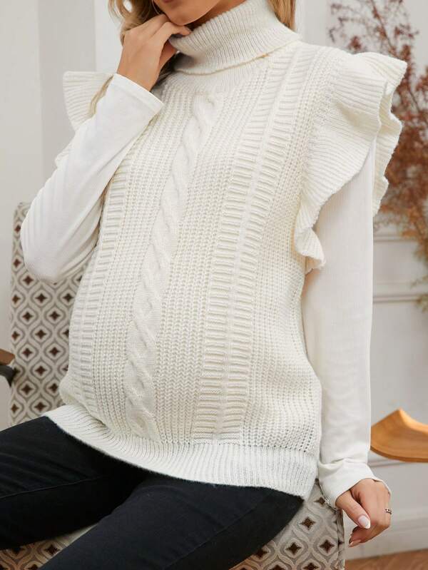SHEIN Suéter sin mangas de cuello alto con twist y dobladillo con volante, en unicolor, para mujeres embarazadas