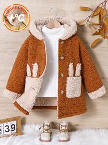 SHEIN Leap Crew Young Girl's & Young Girl's Reversible Fleece Cute Rabbit Pocket Hooded Jacket, Suitable For Daily Wear - Brown - View 1