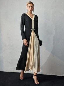 MOTF PREMIUM TWO TONE V-NECK RHINESTONE WAIST PLEATED HEM DRESS