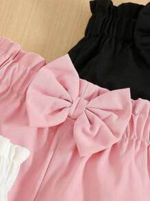 SHEIN Vintaside Kids 3 قطع/مجموعة بنطلونات بنات صغيرات ذات لون أحادي مزينة بفيونكة، مناسبة للخروجات اليومية، أنيقة في الربيع والخريف/الشتاء - متعدد الألوان - مشاهدة 4