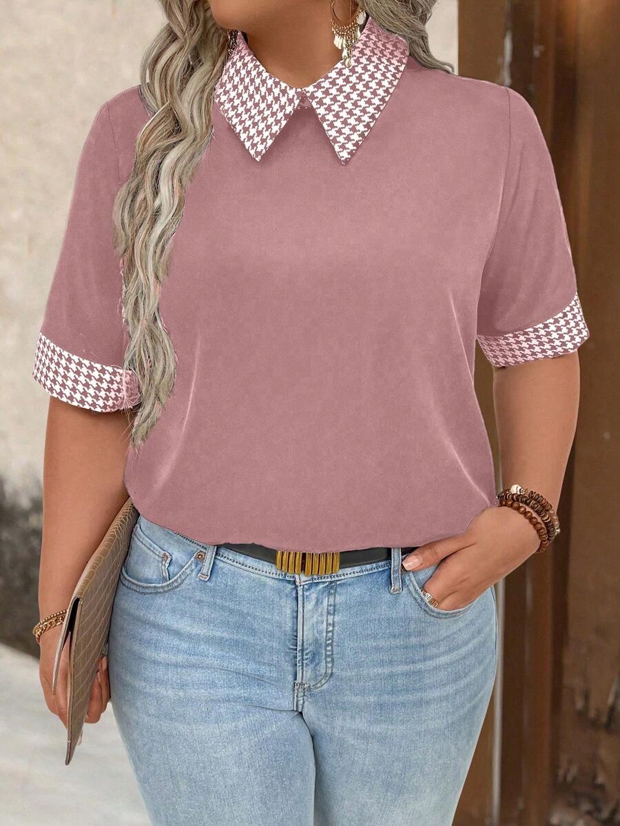 大码女式拼布千鸟格印花领短袖休闲衬衫 - 藕粉色 - 查看 1