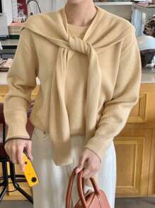 DAZY 2pcs Set Women Solid Crew Neck Pullover Sweater & Poncho Top,Fall Clothes - Ginger - View 3