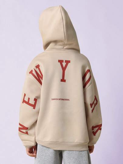 SUMWON 青年街头服饰套头衫校队字母连帽衫运动卫衣秋冬休闲抽绳连帽袋鼠口袋学生校园服饰