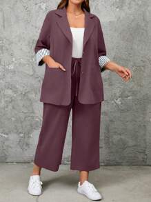SHEIN LUNE Plus Size 2pcs Set Casual Striped Patchwork Jacket And Pants - Red Violet - View 5