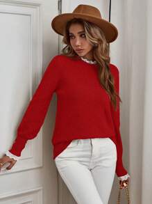 EMERY ROSE 女士休闲玫红色荷叶边装饰圆领长袖毛衣，秋冬约会装