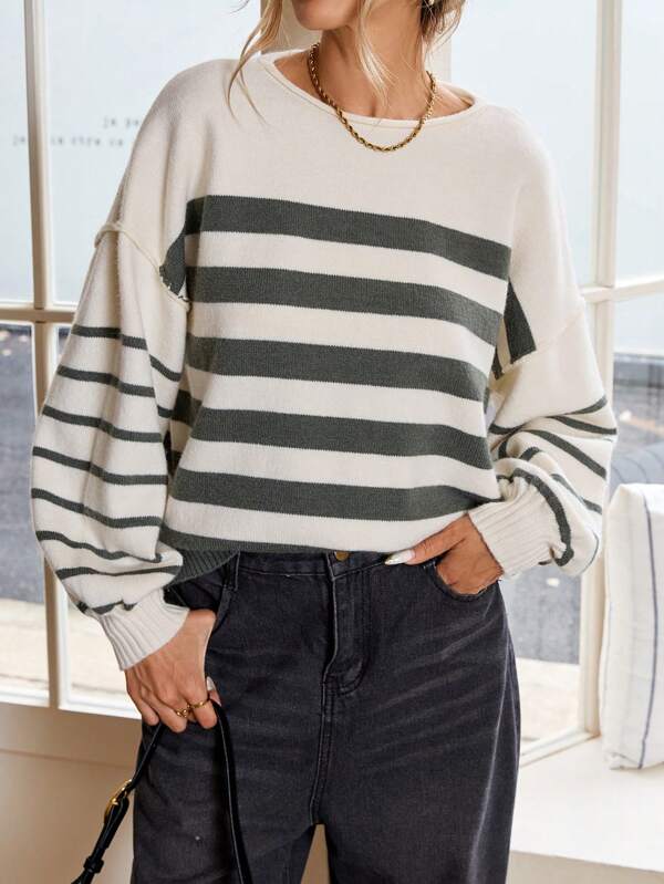 SHEIN LUNE 2024 Autumn Winter New Green Striped Women Knitted Sweater