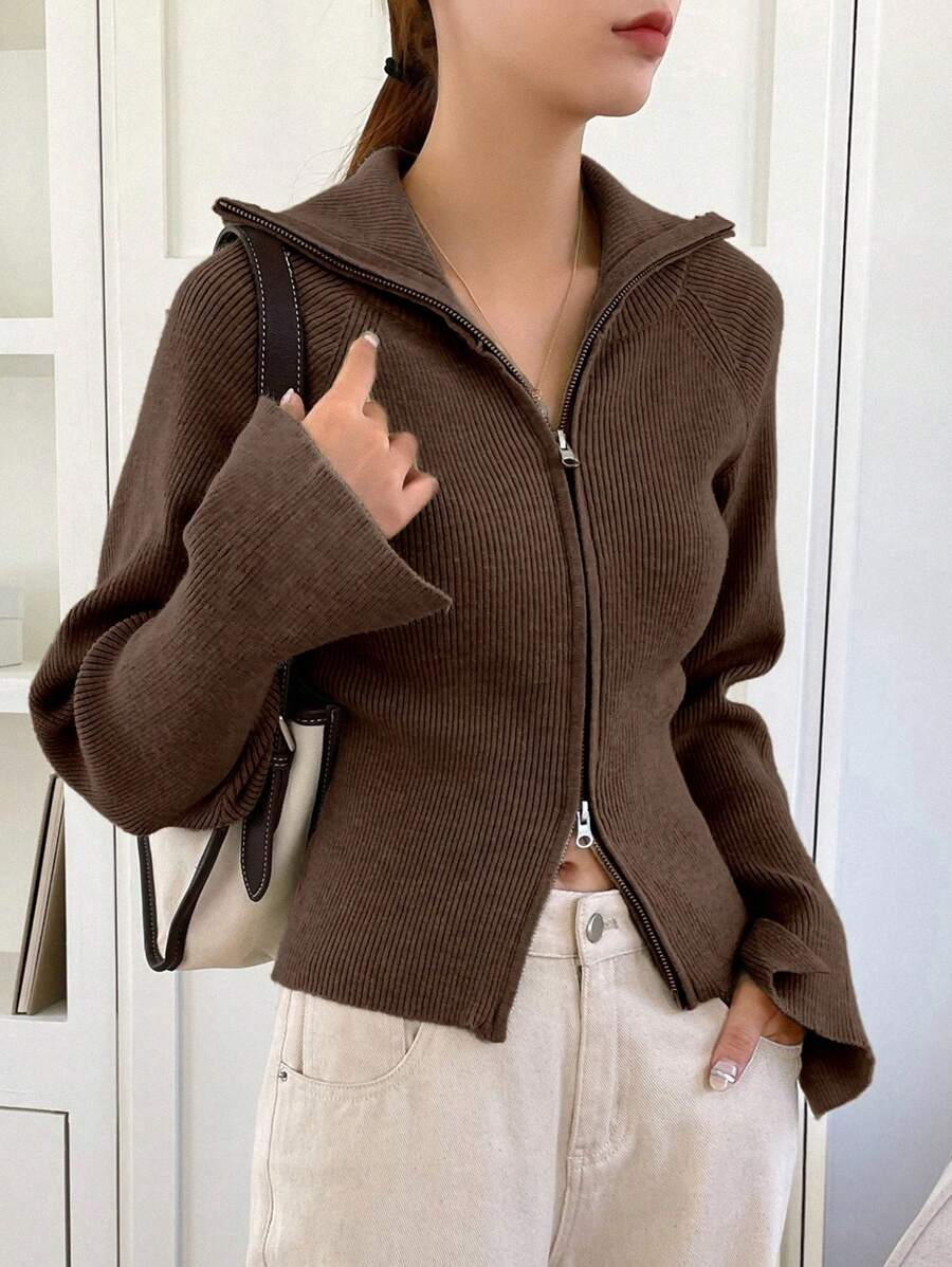 DAZY 1 件女士纯色拉链领休闲商务开衫、长袖上衣、秋季服装夹克 - 咖啡棕 - 查看 1